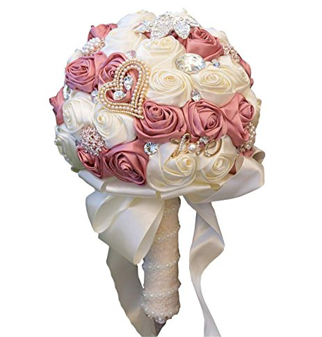 Fouriding Handgemachte Brosche Brautstrauß Braut Satin Rosen Blumen Diamant Perlen Blumensträusse Hochzeit Strauß Künstliche Blumenstrauß künstlicher Rosenstrauß Dekoration (Rosa Cremig)