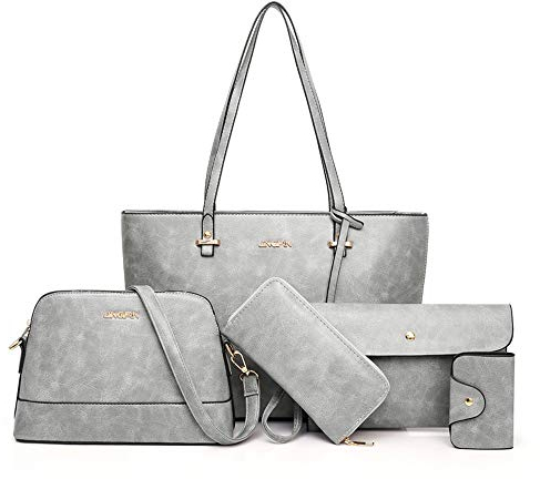 AlwaySky Handtaschen-Set für Damen 5er Pack Tote Geldbörse Handtaschen Set PU-Leder Schulranzen Umhängetasche Brieftasche Kartenhalter Taschenset, Grau