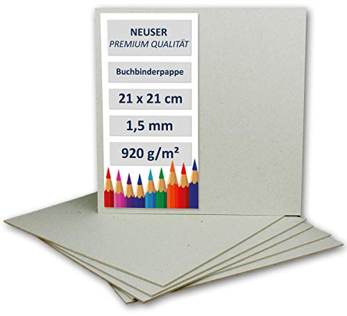 NEUSER PAPIER 20 Stück Buchbinderpappe Quadratisch - Stärke 1,5 mm (0,15 cm) - Grammatur: 920 g/m² - Format: 21 x 21 cm - Farbe: Grau-Braun