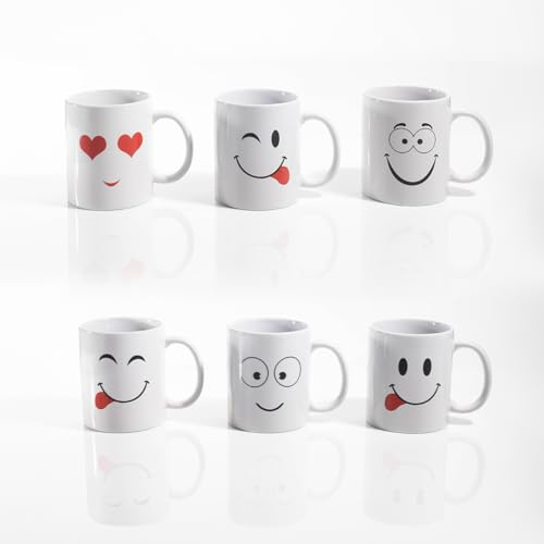 Set of 6 White Mugs Novelty Emoticons Design Ceramic Cup Set Ideal for Hot Chocolate, Tea Coffee Mugs Cups Dishwasher Safe 11oz Large Handle White Coffee Cups
