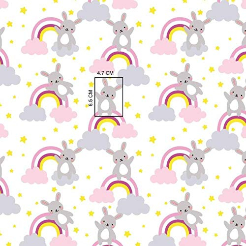 Pingianer 11,99€/m 100x160cm Hase 100% Baumwolle Baumwollstoff Kinder Meterware Handwerken Nähen Stoff (Hase Regenbogen Rosa)