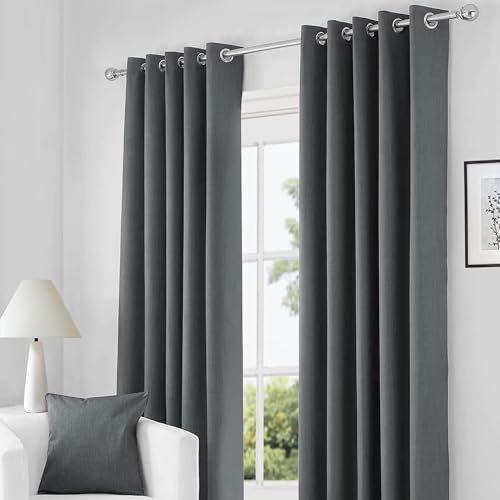 RayyanLinen Readymade Blackout Thermal Eyelet Ring Top Pair of Curtains Including 2 free Tiebacks (CHARCOAL GREY, Width 90 x Drop 90)