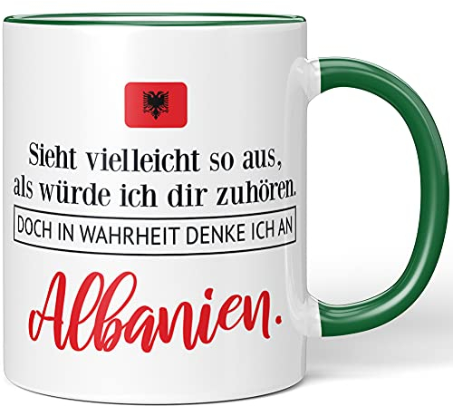 JUNIWORDS Tasse, Sieht vielleicht so aus, als würde ich dir zuhören. Doch in Wahrheit denke ich an Albanien (1001291), Wähle Farbe, Grün