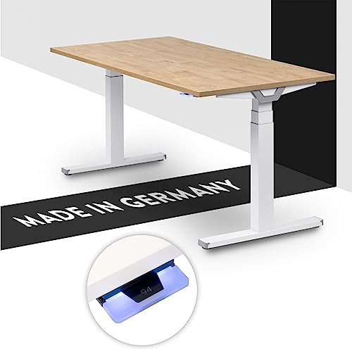 boho office® Höhenverstellbarer Schreibtisch 180 x 80 cm - Made in Germany, Elektrisch stufenlos, 2 Motoren, 3-Fach Teleskop, Kollisionsschutz - Premium Line Weiß inkl. Tischplatte in Wildeiche