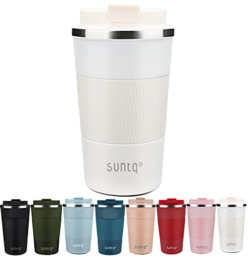SUNTQ Reusable Coffee Cups Travel 510ml Coffee Travel Mug with Leakproof Lid - Thermal Mug Insulated Cup - Stainless Steel Travel Cup with Rubber Grip for Hot and Cold Drinks White