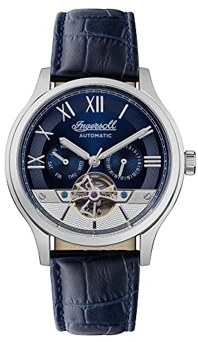 Ingersoll The Tempest Herren-Automatikuhr, 44 mm, mit dunkelblauem Zifferblatt mit offenem Herzen und dunkelblauem Lederarmband I12103