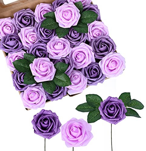 RENATUHOM Künstliche Rosen mit Stielen künstliche lila Blumen für DIY-Blumensträuße, Hochzeitsblumen, 25 Stück lila Rosen-Arrangement, Schaumblumen, Hausgarten, Babyshows, Dekoration (8 Blätter)