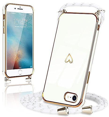 Micoden Handykette für iPhone SE2022,iPhone 7,iPhone 8,iPhone SE2020 Hülle Ultra dünn Kameraschutz Herz Love Design Galvanik Silikon Bumper Kordel zum Umhängen Handyhülle mit Band Schutzhülle,Weiß