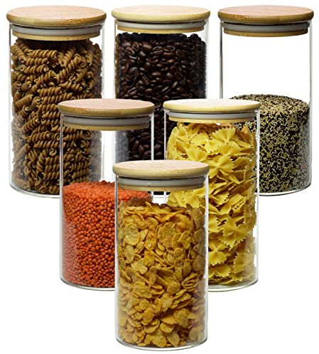 gouveo 6er Set Glasbehälter 1400 ml rund aus Borosilikatglas mit Deckel - Vorratsgläser 1,4 l mit Verschluss - Aufbewahrungsgläser, Glasdosen, Vorratsdose, Nudelglas