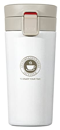 Termo, Termo de Café para Llevar de Acero Inoxidable Vaso Termico Prueba de Fugas Taza de Café Térmica Sin BPA para Coche Oficina Viaje 380ML Blanco
