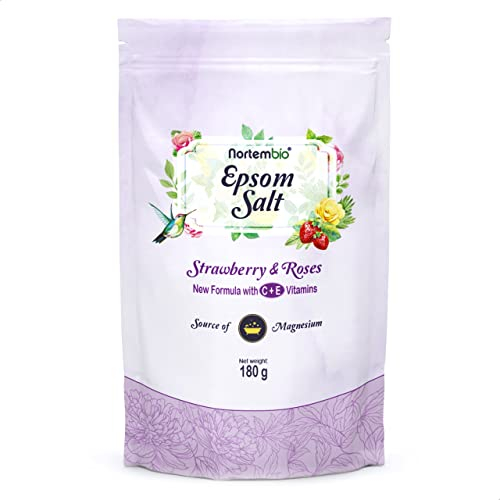 Nortembio Epsom Salz 180 g. Neuartigen Duft von Rosen und Erdbeeren. Hydratisiert mit Vitamin C und E. Badesalz und Körperpflege. E-Book Inklusiv.