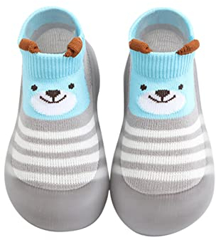 BIBOKAOKE Socken Schuhe Baby Anti Rutsch for Babies Toddlers and Kids Bodensocken Strick Krabbelschuhe schön Cartoon Ente Muster Sockenschuhe Babyschuhe Lauflernschuhe (0-3Y), 21 EU, Grau11