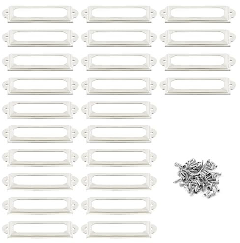 Auvotuis 24 Stück antike Etikettenhalter, weißer Metall-Namenskarten-Rahmen, Vintage, Büro, Bibliothek, Aktenordner, Schublade, Tag für Schrank und Regale (74 x 33 mm)