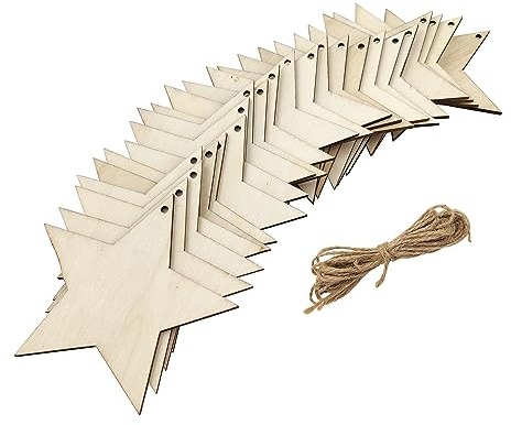 32 Stück Holzstern-Ausschnitte – unlackierte Holzsterne zum Aufhängen von Ornamenten, DIY-Geschenkanhänger und Party-Dekoration