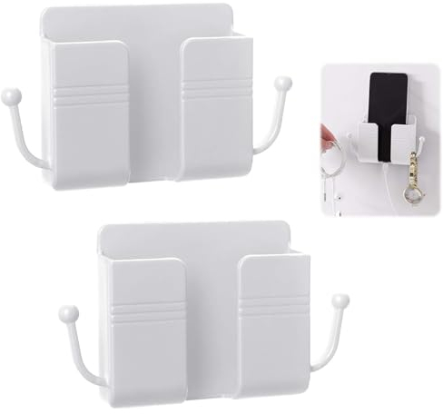 2 Piezas Teléfono Móvil de Pared Organizador, Autoadhesivos Soporte para Mando A Distancia, Multifuncional ABS Cajas Almacenamiento con Gancho, para Familia y Oficina (Blanco)