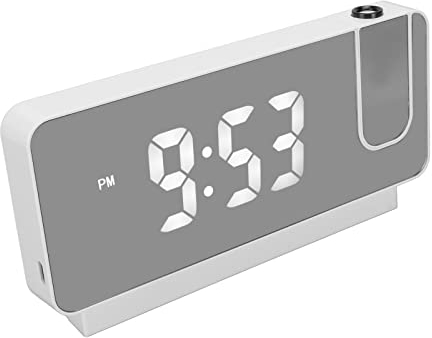 Eeneme Projektionswecker, Uhrzeit, Datum, Temperaturanzeige, 180-Grad-Weitwinkel-HD-LED-Bildschirm, Projizierbare Uhr Zuhause (Weiß)
