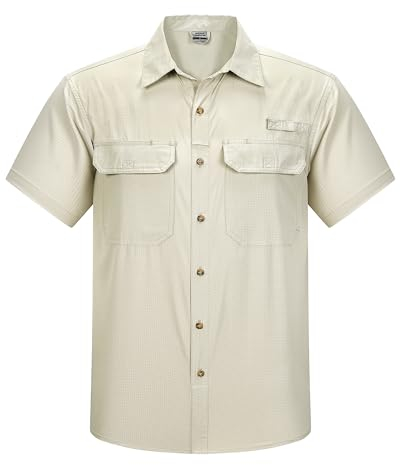 Outdoor Ventures Herren Hemd Kurzarm UV Schutz Freizeithemd Wasserdicht Schnelltrocknendes Funktionshemd zum Wandern, Angeln, Reise,Safari Hell Khaki XL