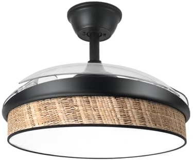 ABRILA - Ventilador DC MODA | Color Negro con tres Aspas Desplegables ABS y Difusor Cañizo Oscuro | 6 Velocidades Ajustables | 3 Temperaturas de Luz | con Temporizador y Mando a Distancia Incluido
