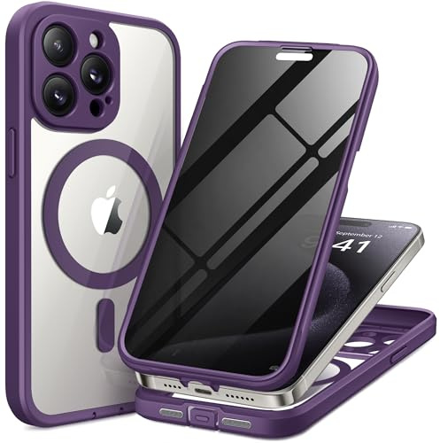 TIESZEN for iPhone 15 Pro Case, Compatible with MagSafe, Purple | Built-in Privacy Screen Protector, Full Camera Protection，Full Body Dustproof Shockproof Hard Magnetic Phone Case 6.1