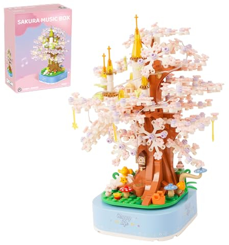 Oichy Cherry Blossom Building Toys Sakura Castle Music Box Building Blocks Romantic Flower Tree Brick Sets for Decorations and Gifts (596pcs)