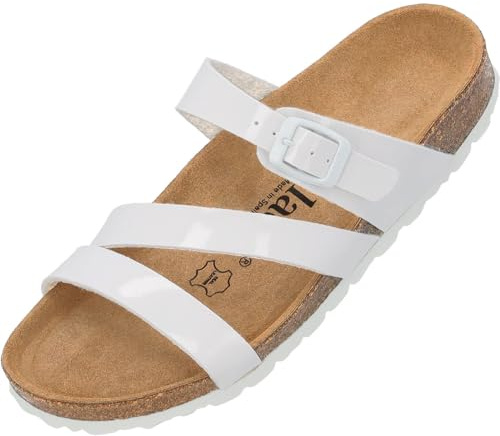 Palado Pantoletten Damen Ikaria – bequeme Sandalen Made in Spain - Hausschuhe mit dämpfendem Kork-Fußbett - modische Sommerschuhe Weiß Lack UK5,5 - EU38
