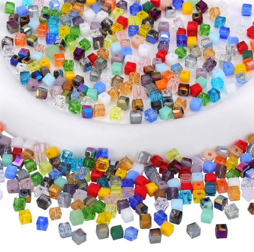 BEEFLYING 200 Stück 4 mm Würfel-Kristallglasperlen für die Schmuckherstellung, quadratische Glas-Abstandsperlen für Armbänder, Halsketten, Ohrringe, Bastelarbeiten, Heimdekoration (gemischt)