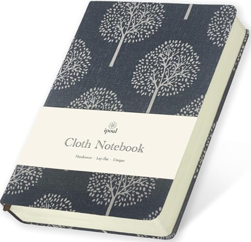 ipoul Leinen-Notizbuch, Hardcover, Stoff-Tagebuch, B6, 264 Seiten, 12,7 x 17,8 cm, kleines liniertes Notizbuch & Skizzenbuch, flach liegend, weißer Baum, marineblauer Stoff, schmutzabweisend, geeignet