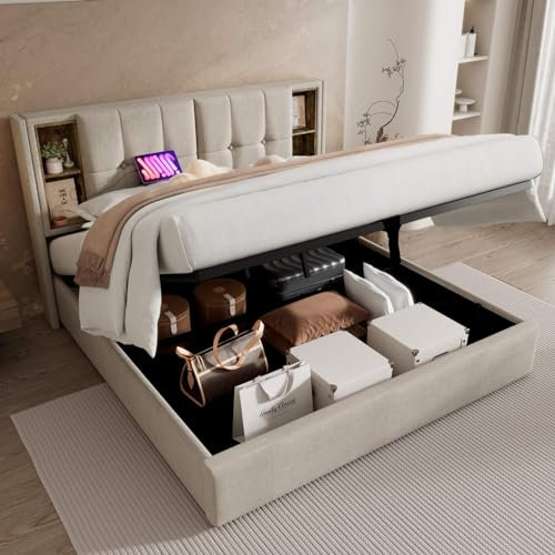 KOMHTOM Lit Rembourré avec Chargement sans Fil USB C, Coffre avec Rangement sous Le Lit, Tête avec Compartiment, Sommier à Lattes (sans Matelas) (Beige, 180x200cm)