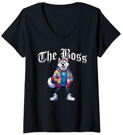 Damen Husky Hundejacke The Boss, cooles Outfit für Hunde und Mütter T-Shirt mit V-Ausschnitt