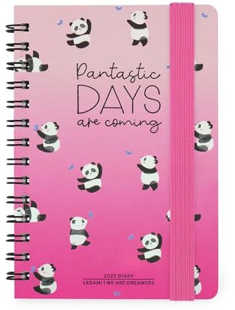 Legami - Wochenplaner Panda, Spiralbindung, klein, 12 Monate, Tagebuch von Januar 2025 bis Dezember 2025, faltbarer Planer 2025/2026, Verschluss mit Gummiband, letzte Tasche, Adressbuch, 8,5 x 13 cm