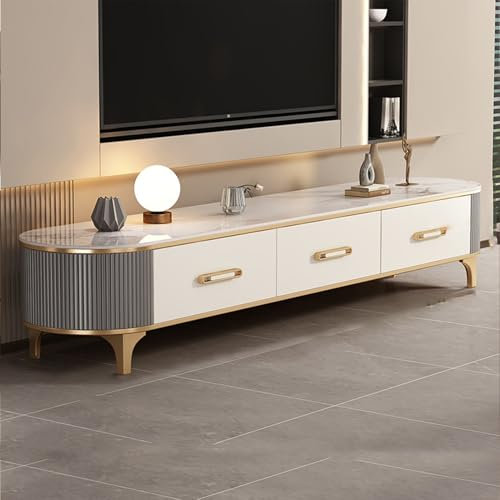 HOLGVE TV Schrank, Entertainment-Center, White Rock Board Fernsehtisch, Ovaler Fernsehschrank Mit 3 Schubladen, Metallbeine, for TV-Ständer Im Wohnzimmer,