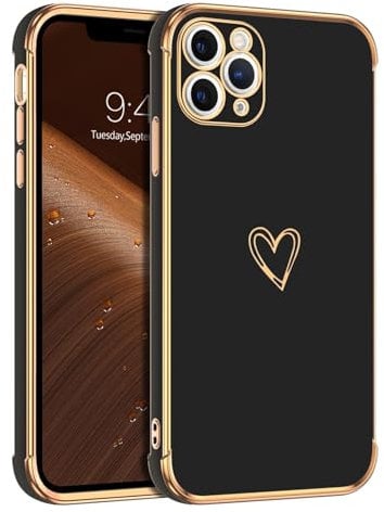 GUAGUA Compatible with iPhone 11 Pro Case, iPhone 11 Pro Phone Case, Cute Heart Pattern for Women Girls, Luxury Gold Edges Plating Design Slim Soft TPU Phone Cover, Black