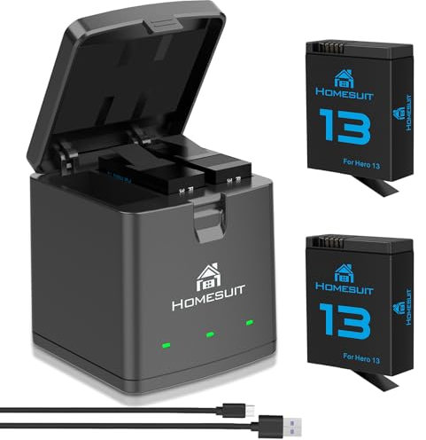 Homesuit Hero 13 Battery 2100mAh and LED 3-Slot Storage Charger for Hero 13 Black Enduro Rechargeable Battery with Type-C (3-Pack)
