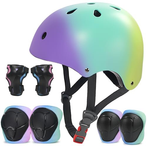 LANOVAGEAR Set de Protección Patinaje, Protección Infantil Consta de Casco Ajustable Rodilleras Coderas para Skate Patinaje Ciclismo Monopatín línea (Púrpura Verde Amarillo, S)