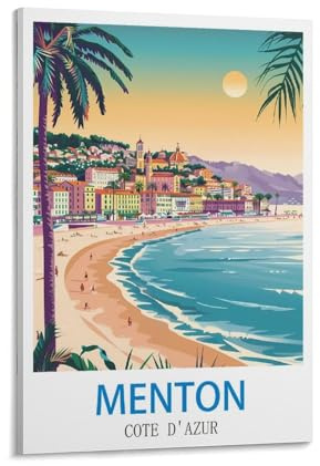 LNMNJESG Menton Reiseposter, Motiv: Côte D'azur im Vintage-Stil, 60 x 90 cm, Leinwandbild, Wanddekoration, Drucke für Wohnzimmer, Schlafzimmer