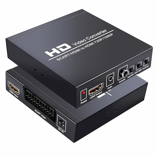 GRACETOP SCART to HDMI Conver for 1080P Scart Converter Video Audio Box, HD Video Converter with PAL/NTSC Video Scaler, 1080P/720P, 3.5mm Coaxial Audio Out for TV and DVD Player