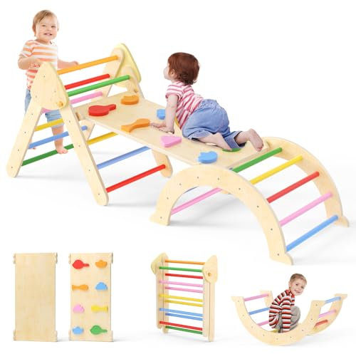 nmoiww 7-in-1 Montessori Kletterdreieck mit Kletterbogen und Rutschen, Holzdreieck für Kleinkinder von 1-3, Innenklettern (Regenbogenfarbe-7 in 1)