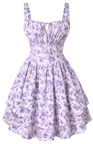 SCARLET DARKNESS Abito Donna Stile Vittoriano Corto Estivo con Stampa Elegante Spaghetti e Vita Stretta Lilla XL
