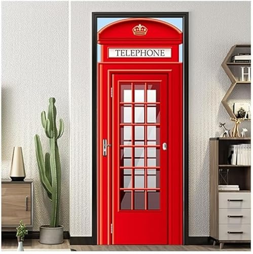 Selbstklebend Türbekleben Rote Telefonzelle Türtapete 77x200 cm, TürPoster Rote Telefonzelle Türbilder 3D Türaufkleber Dekoration Poster Tapete Türfolie, PVC Fototapete Wandtattoo Tür Tapeten m3731