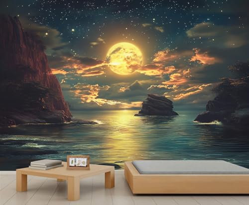 FACADUP Ocean Murals, Midnight Full Moon Wall Murals, Night Coastal View Wallpaper for Living Room Bedroom Decor 300x240cm Nature Ocean Scenic Decorative (Not Self-Adhesive)