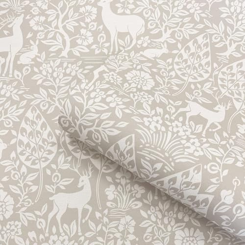 SOPHIE LAURENCE Taupe Floral Wallpaper Deer Rabbits Leaves Slightly Textured Feature Wall Lounge