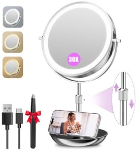 Auxmir Kosmetikspiegel, 1x/30-fache Vergrößerungsspiegel mit Licht, 22,9 cm höhenverstellbar, doppelseitiger Make-up-Spiegel, 3000 mAh wiederaufladbarer beleuchteter Spiegel mit 3 Farbmodi und