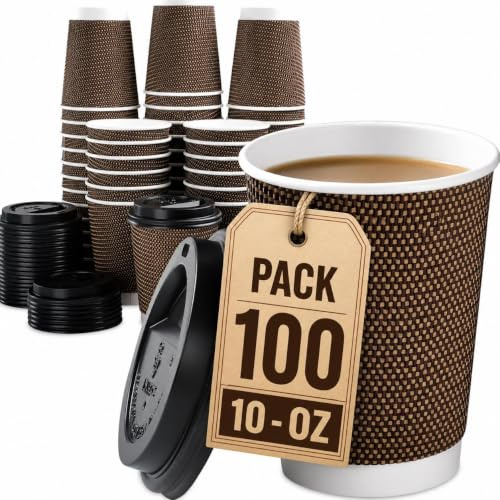 100 x 10oz Brown Ripple Wall Paper Coffee Cups with Lids (300ml) – Triple Wall Insulated Disposable Hot Drink Cups for Tea, Cappuccino, Latte, Takeaway – Leak-Resistant Kraft Cups