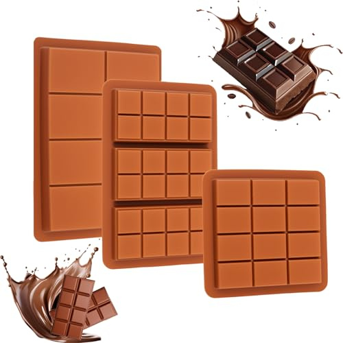 3Pcs Moule Chocolat, Moule Silicone, Moules à Pâtisserie, Moule Silicone Patisserie, Avec Grattoir, Diy, Cuisson, Convient Pour Faire Du Chocolat, Des Barres à l'Avoine, Brownies, Desserts (Marron)