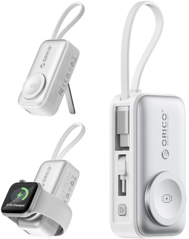 ORICO Mini Power Bank 5000mAh 22.5W, para Apple Watch e iPhone, Blanco | Cable USB-C integrado; carga rápida PD; diseño de viaje compacto; compatible con iPhone 17/16/15 y Apple Watch