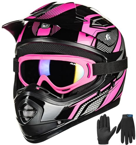 ILM Casco Moto Motocross Bambino Dirt Bike Giovane Unisex Omologato ECE22.06 Full Face Off Road ATV Enduro MTB con Goggle Guanti Modello B07,Nero Rosa,L