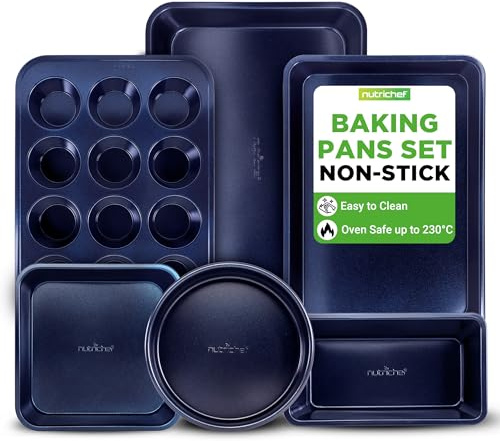 NutriChef Non Stick Bakeware Set 6 Piece– Carbon Steel Baking Tray & Cake Tin Set with Blue Coating – Oven Safe to 230°C – Includes Muffin Tray, Loaf Tin, Cookie Sheet & Roasting Pans