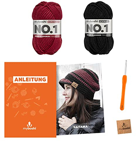 myboshi Häkelset Mütze Saitama, inkl. No.1 Wolle, Nadel und Anleitung, für Mützen und Schals, Häkelpaket, 30% Merinowolle Rot, Schwarz mit Häkelnadel