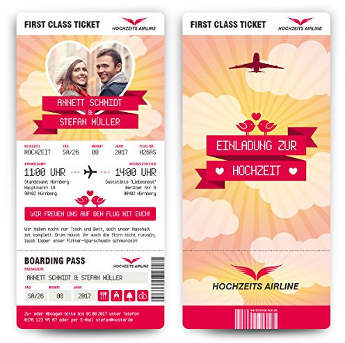 Hochzeit Einladungen (10 Stück) - First Class Flugticket - Hochzeitskarten mit Foto und Abriss