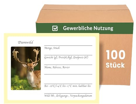 Wildbret Etiketten Damwild 100 Stück für gewerblichen Wildverkauf 85x50mm | haftet direkt auf tiefgefrorenen Packungen, mit Kugelschreiber beschreibbar, integrierte Wildarten Fotos, schnelle Zuordnung